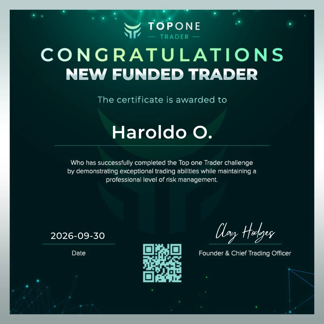 Certificado de aprovação Top One Trader de Haroldo O.