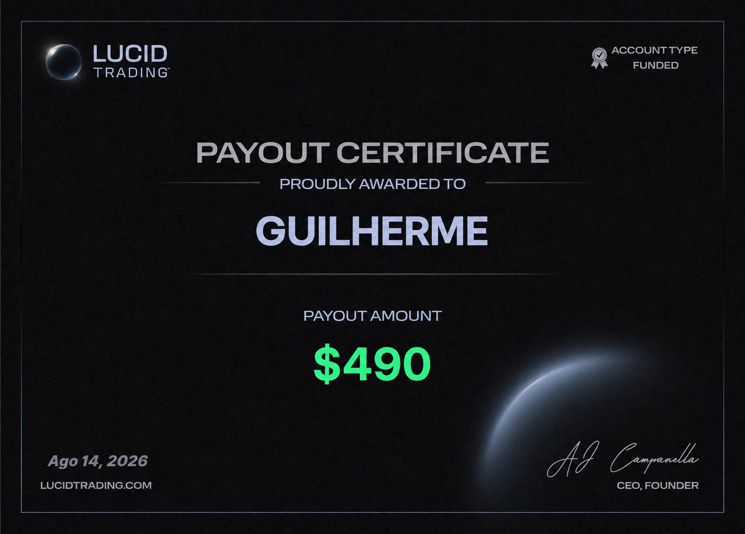 Certificado Lucid Trading de Guilherme, saque de US$ 490
